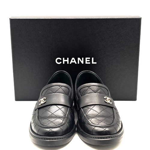 CHANEL Black Quilted Leather CC Logo Flat Loafers Shoes EU 36.5C AU 6 6.5