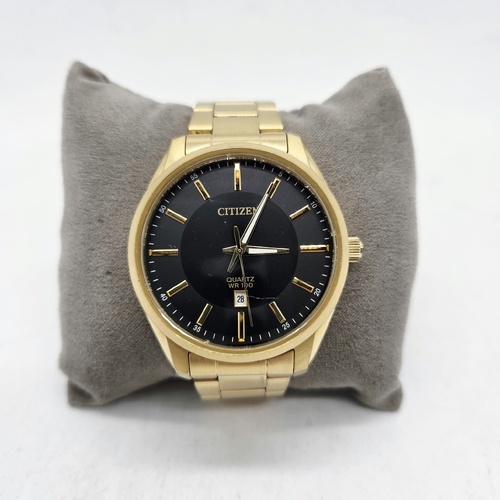 Citizen Mens Quartz Watch Gold Tone Black Dial Date 100M 1112-S121451