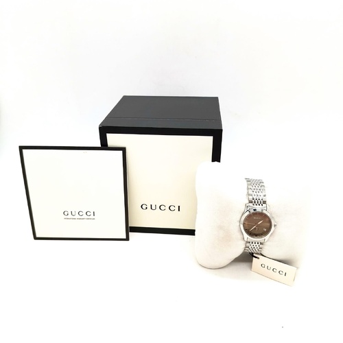 Gucci G-Timeless 126.5 26mm Ladies Watch YA1265007 Brown Dial Steel Bracelet