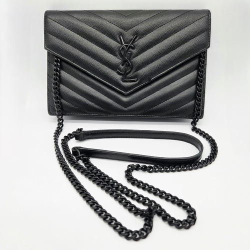 Saint Laurent YSL Cassandre Envelope Black Chain Wallet Leather + COA