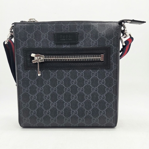 Gucci GG Supreme Black Grey Small Messenger Crossbody Bag Web Strap + COA