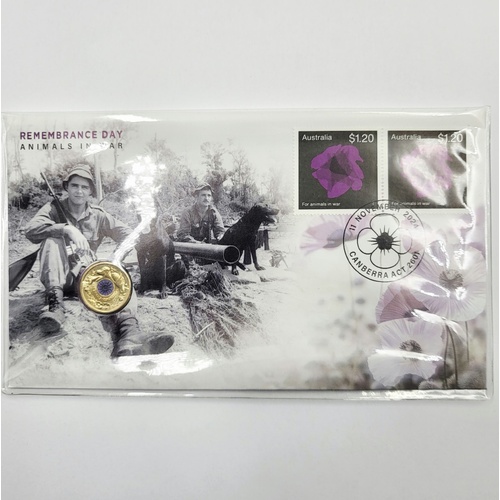 2024 Remembrance Day Animals in War $2 Coloured UNC Coin & Stamp Cover PNC