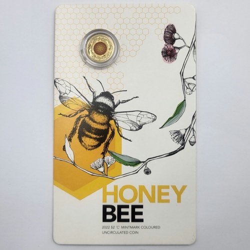 2022 Royal Australian Mint $2 Honey Bee C Mintmark Coloured UNC Coin Carded