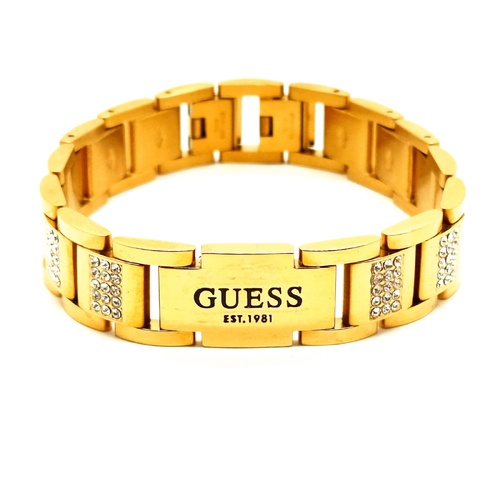 GUESS Frontier Mens Gold Plated Stainless Steel Crystal Flat Chain Bracelet 19cm