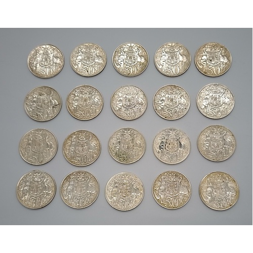 Lot 20 x 1966 Australian 50 Cent Coins 80% Silver Round Decimal Coins
