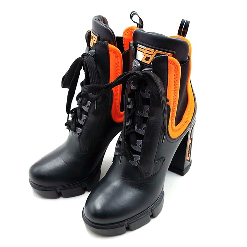PRADA Runway Leather Neoprene Ankle Boots Black Orange Lace Up EU 37.5 Block Heel