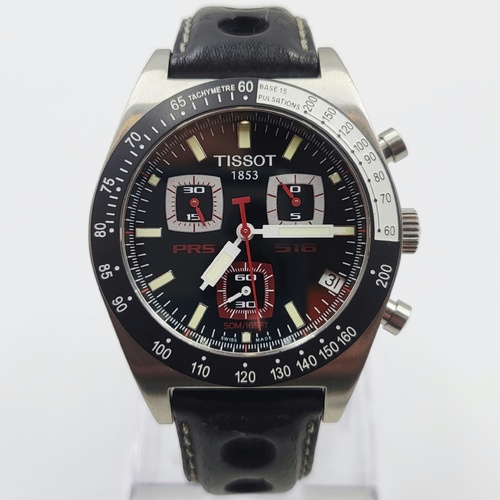 Tissot PRS 516 Men's Quartz Chronograph Watch Black Dial Leather Strap