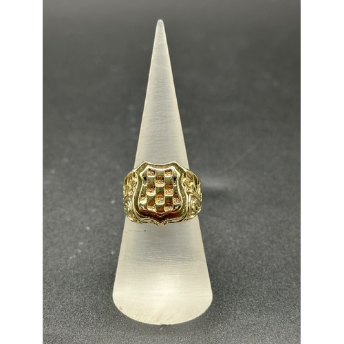 Mens 9ct Yellow Gold Checkered Shield Ring