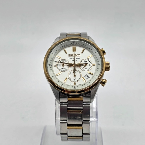 Seiko Chronograph 100M Mens Two Tone Watch White Dial Quartz 6T63-00F0