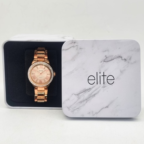 Elite 5081077 Ladies Watch Rose Gold Tone Crystal Bezel Dial Tin Box