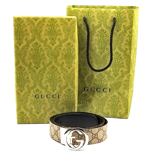 GUCCI GG Supreme Reversible Belt Interlocking G Buckle 85cm 473030 + COA