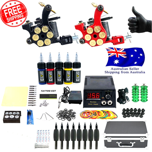 Deluxe Complete Tattoo Kit 2 Pro Coil Guns Dual Power Supply Ink Needles AUS Seller