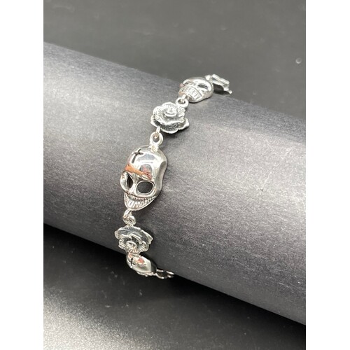 Unisex Sterling Silver Flower & Skull Bracelet (Brand New)