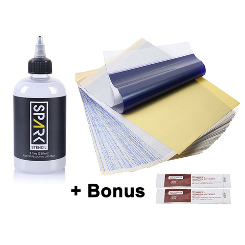SPARK Stencil Stuff Tattoo Transfer Gel 250ml + 10 Sheets Spirit Stencil Paper