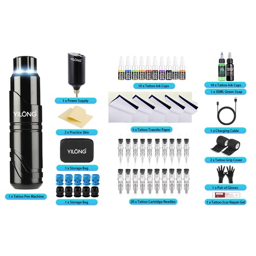 YILONG S2 Wireless Rotary Tattoo Pen Kit Machine Set 20 Needles Ink Supply